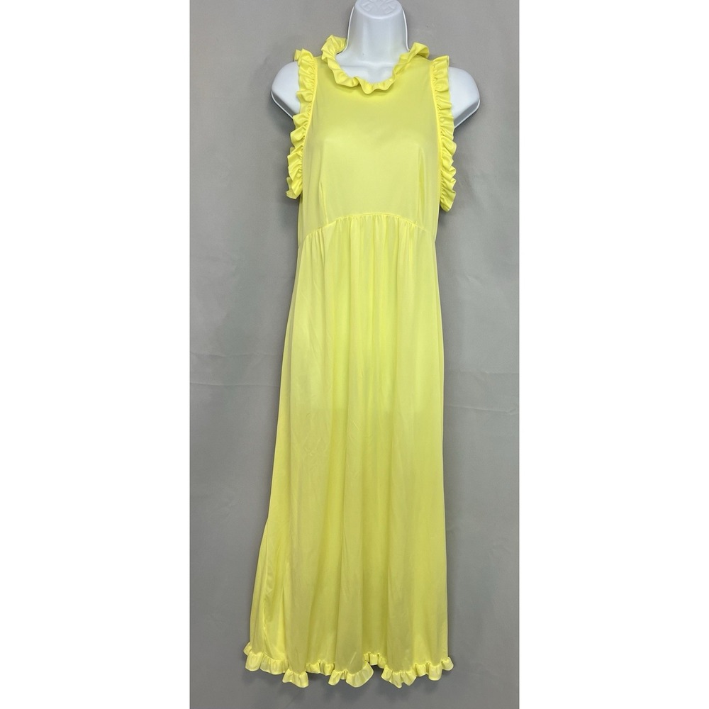Vintage‎ Maxi Nightgown Women's Yelllow Sz Médium Nylon Y2K Hem Ruffle Made USA